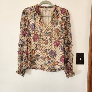 LOFT Cream Floral Paisley Blouse with Pink and Blue Accents
